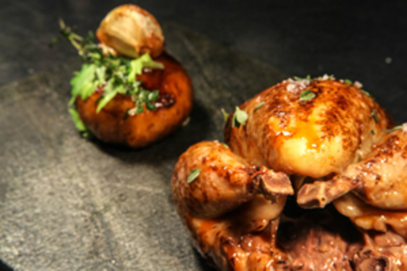 Whole baby chicken with hops and ale, thyme roast celeriac and hay gravy