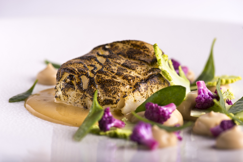 Scorched Cod, Roasted and Pickled Cauliflower, Bone Sauce and Coastal Greens