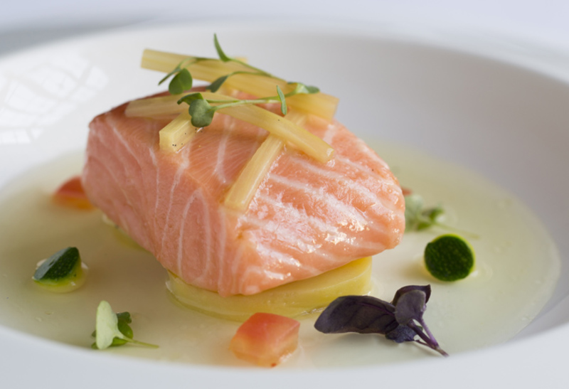 Wild salmon confit, rhubarb, tomato and basil consommé