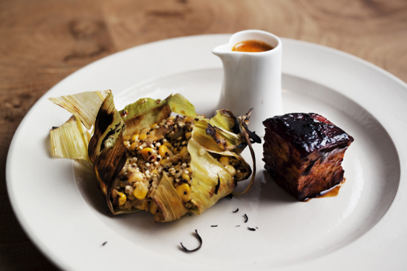 Corn on quinoa tamale, salsa, glazed pork belly