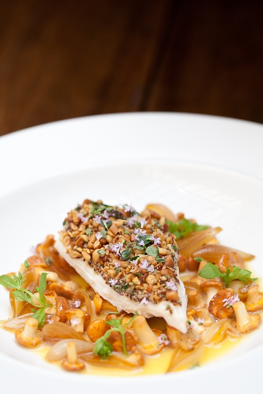 Pinenut and Lemon Thyme Crusted Chicken Breast with Kikkoman Soy Marinated Onions and Girolles