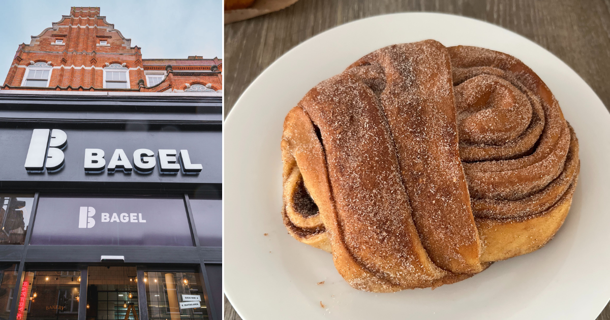 B Bagel shop front and bakery items
